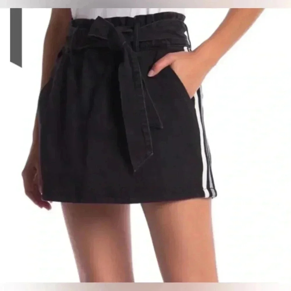 NEW NWT woman MUSTARD SEED Black White Stripes Denim Jean Belt Skirt Sz Large